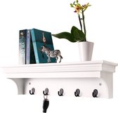 Kamyra® Boekenplank met Haakjes Zwevend – Zwevende Wandplank/Kapstok – voor Hal, Woonkamer & Slaapkamer – Hout, Wit - 60x16x16