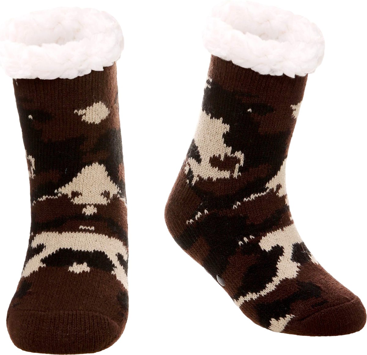 JAXY - Huissokken Dames - Verwarmde Sokken - Anti Slip Sokken - Huissokken - Bedsokken - Warme Sokken - Kerstcadeau Voor Vrouwen - Thermosokken - Dikke Sokken - Fluffy Sokken - Kerstsokken Dames en Heren - Maat 28-31 - Camo Bruin