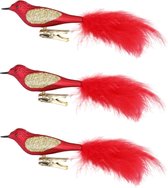 3x stuks decoratie vogels op clip rood 20 cm - Decoratievogeltjes/kerstboomversiering/bruiloftversiering