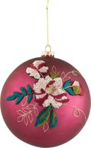 Kerstbal Geborduurde Bloem Glas Burgundy/Mix Xl Set van 2 stuks