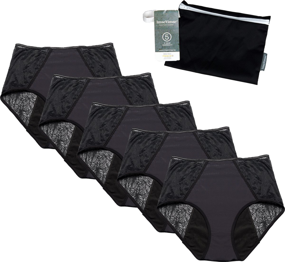 Cheeky Pants Feeling Comfy - Set van 5 + wetbag - Maat 48-50 - High-Rise - Zero Waste - Incontinentie - Zwart