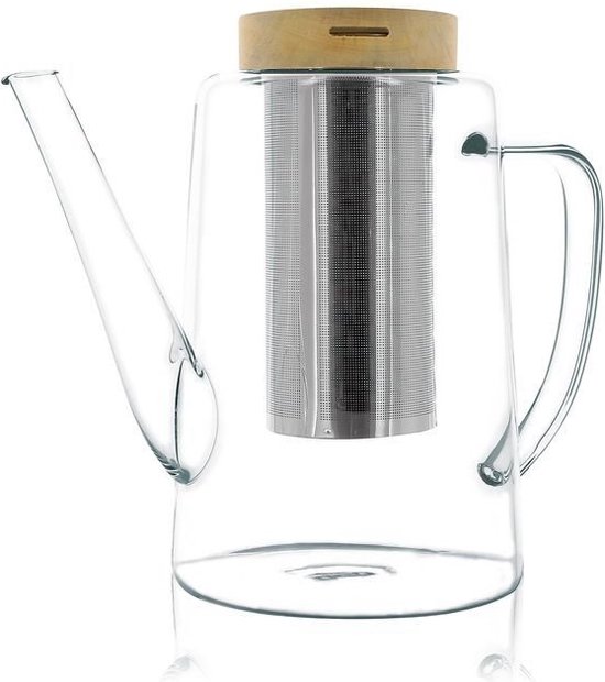 OGO - Elegante Theepot Glas/RVS/Acacia - met filter - 1.2l