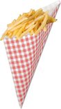 Papieren puntzak gevuld met frietjes, met een rood ruitenpatroon.