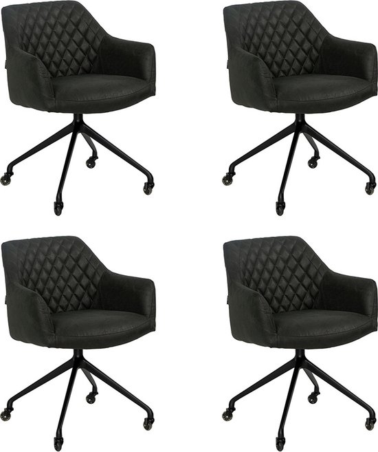 Chaise de salle à manger à roulettes Levi éco-cuir noir - Lot de 4 Chaises de salle à manger