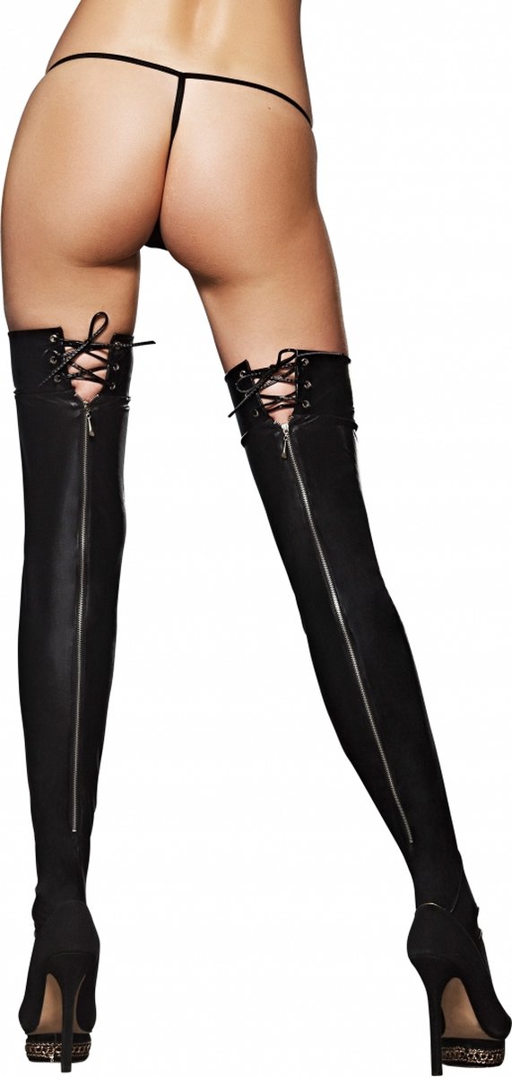 Wetlook Zipper and Lace-Up Stockings - Black