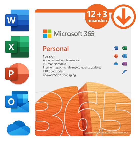 Microsoft 365 Personal - 12 + 3 maanden extra abonnement - NL  (download)