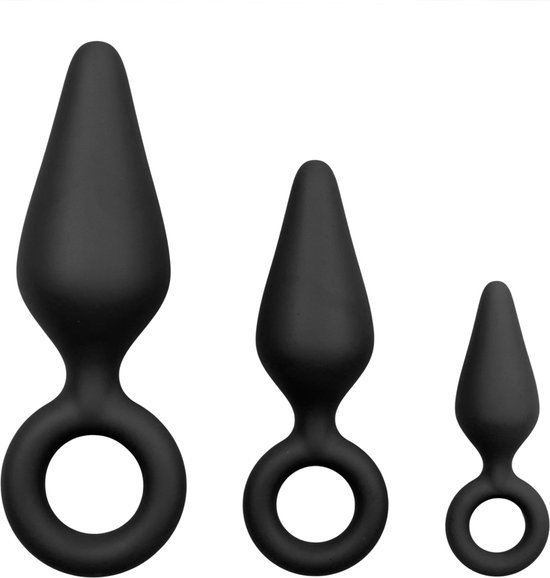 Zwarte buttplugs met trekring - setje