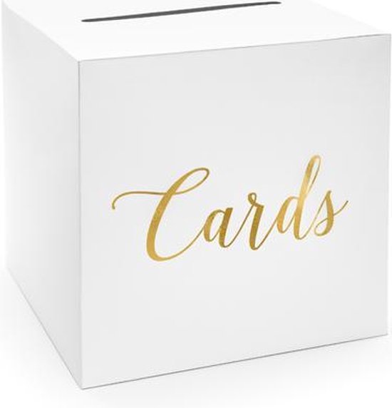 Witte vierkante kaartenbox met gouden 'Cards' opdruk.