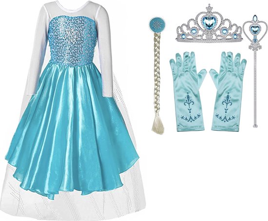 Prinsessenjurk meisje - Elsa jurk - Prinsessen speelgoed - Verkleedkleren - Het Betere Merk - 98/104 (110) - Kroon - Handschoenen - Vlecht - Toverstaf - Juwelen