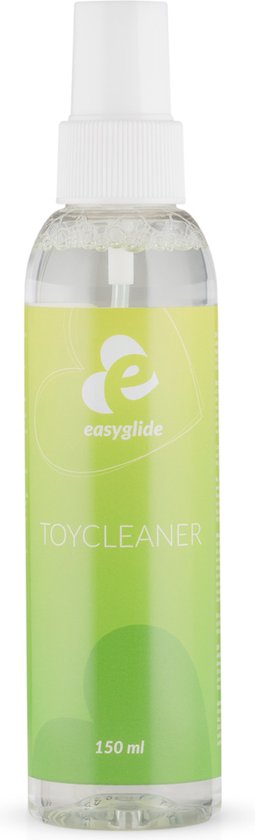 Bouteille EasyGlide Toycleaner 150 ml debout avec étiquette verte et jaune, bouchon blanc et buse, sur fond blanc.