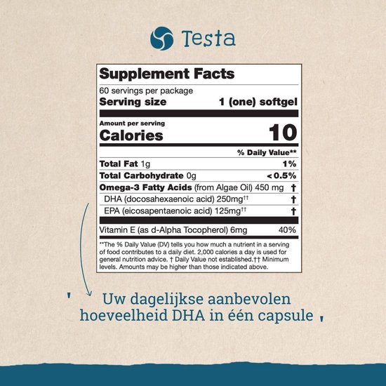 Testa Omega-3 Algenolie - Hoogste concentratie Vegan Omega 3 - 250 mg DHA - Zuiverder dan Visolie - 60 Capsules (2 Maanden Voorraad) - Testa