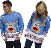 Foute Kersttrui Dames & Heren - Christmas Sweater "Rudolf Blauw" - Kerst trui Mannen & Vrouwen Maat XS