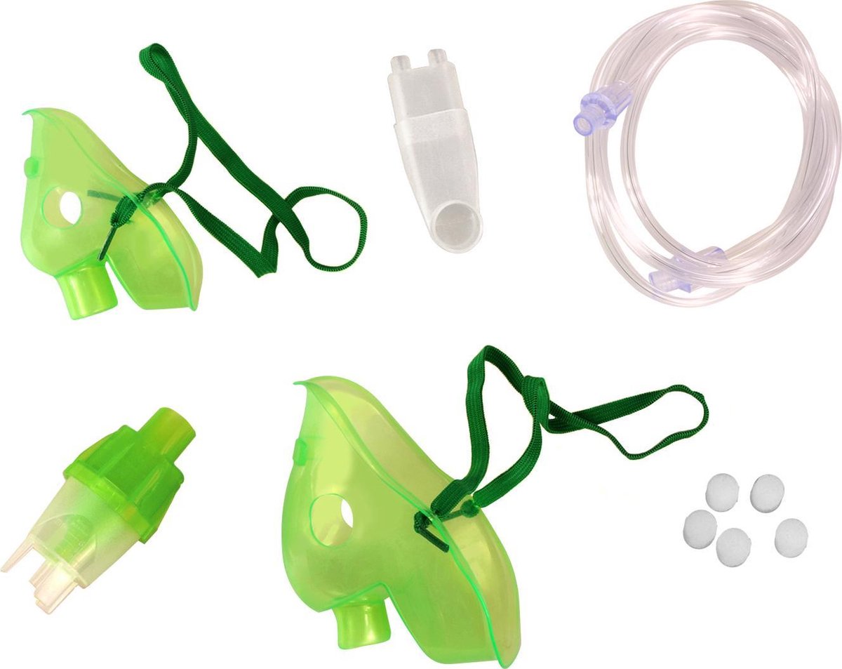 Een set maskers en accessoires voor groene Omnibus-inhalatoren