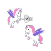 Joy|S - Zilveren eenhoorn oorbellen - met paarse vleugeltjes - 10 x 13 mm - unicorn oorknoppen