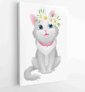 Illustratie op een witte achtergrond beeltenis van cartoon grappige vergadering grijze kitty met een krans van madeliefjes op haar hoofd. - Moderne schilderijen - Verticaal - 42818