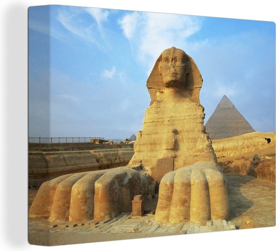 De Sfinx van Gizeh voor de pyramide's in Egypte Canvas 160x120 cm - Foto print op Canvas schilderij (Wanddecoratie woonkamer / slaapkamer) XXL / Groot formaat!
