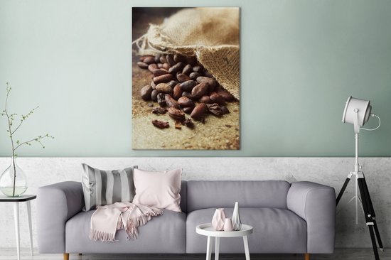 Tableau sur toile Sac en jute avec les fèves de cacao marron