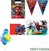 Spiderman verjaardag pakket uitnodigingen, vlaggetjesslinger, tafelkleed en uitdeelzakjes