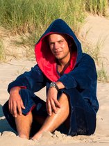 Blauwe badjas met capuchon - sauna badjas heren - 100% katoen - rode details - Badrock - M/L