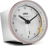 Klassieke analoge radiowekker van Braun voor de Centraal-Europese tijdzone (CET / GMT + 1) met sluimerfunctie en verlichting, geruisloos uurwerk, crescendo wekker in wit en rosé, model BC07PW