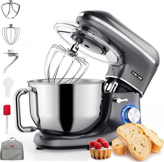 Cheflee keukenmachine - 1500w - keukenrobot - rvs mengkom (6,2 l) - complete mixer met garde, deeghaak en menghaak - inclusief luxe beschermhoes en extra accessoires