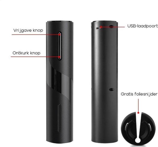 Zwarte elektrische wijnopener, met labels 'Vrijgave knop' en 'Ontkurk knop', en USB-poort.