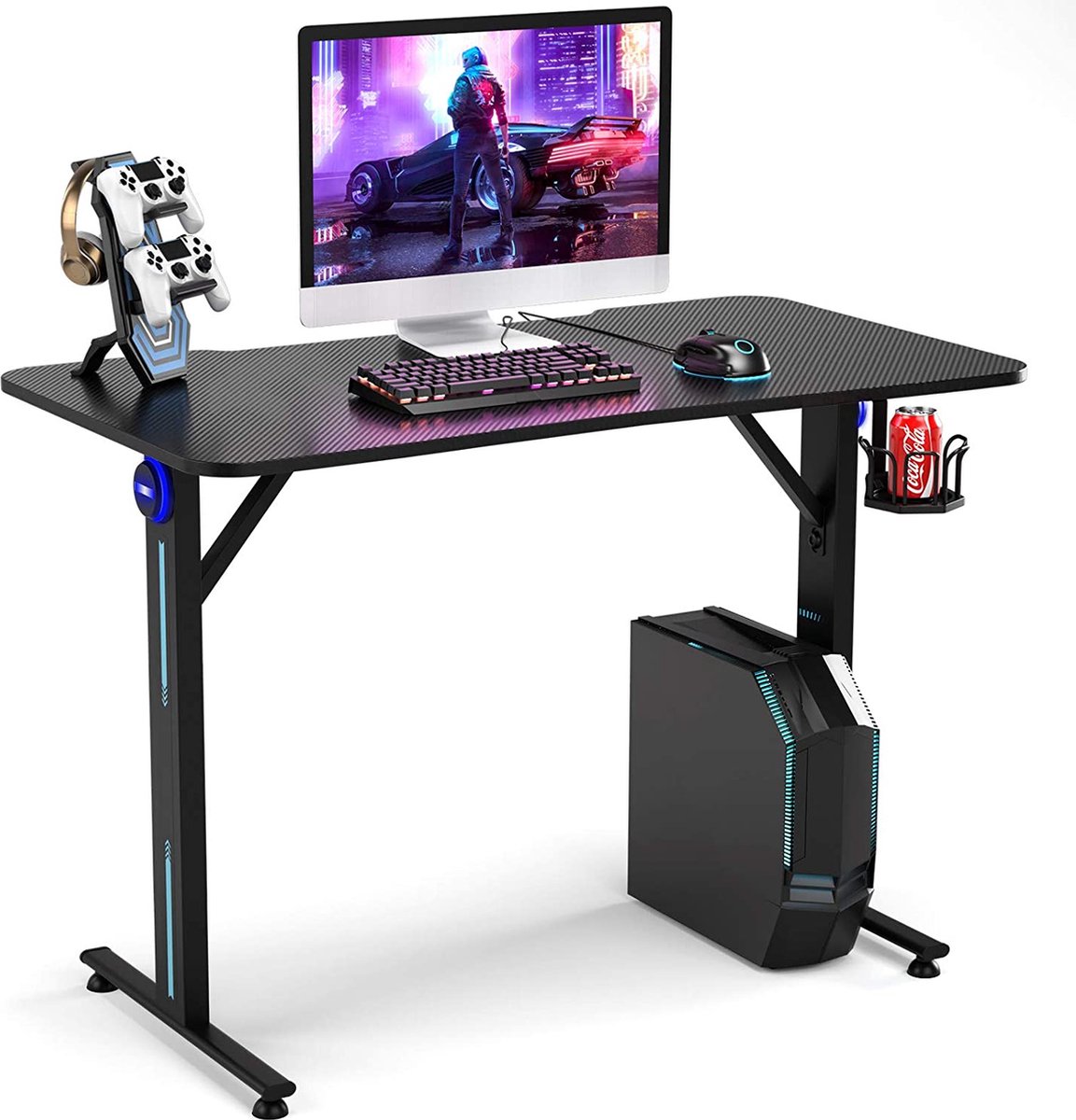 LUXGOODS Gaming Bureau 110cm, T-vormige computertafel met Game Controller Stand, bekerhouder en LED licht, Ergonomische thuiskantoor gamestation met koolstofvezel oppervlak