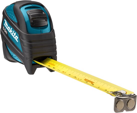 Makita rolbandmaat met uitgeschoven gele lintmaat, zwarte behuizing met turquoise details.