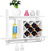 LUXGOODS  wijnrek, wijnrek hout ,wijn houder opslagstandaard, wijnfles opslag sleuven, voor 6 flessen, met een opknoping wijnglas rek en een open plank, Ideaal voor een tegen boven