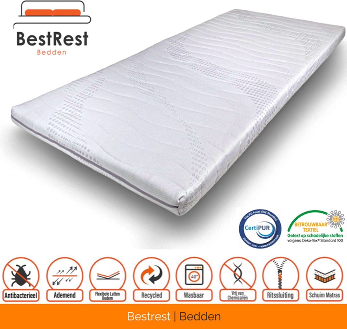 Bestrest Bedden Topdekmatras Cooltouch - Topper Koudschuim - HR - Ca. 7 cm dik - 110x210cm Wit