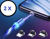Magnetische Oplaadkabel (2 STUKS)  Led - Magneet Oplader - 3 in 1 Oplaadkabel - Apple Lightening USB-C - / Micro USB - Iphone / Samsung / Huawei