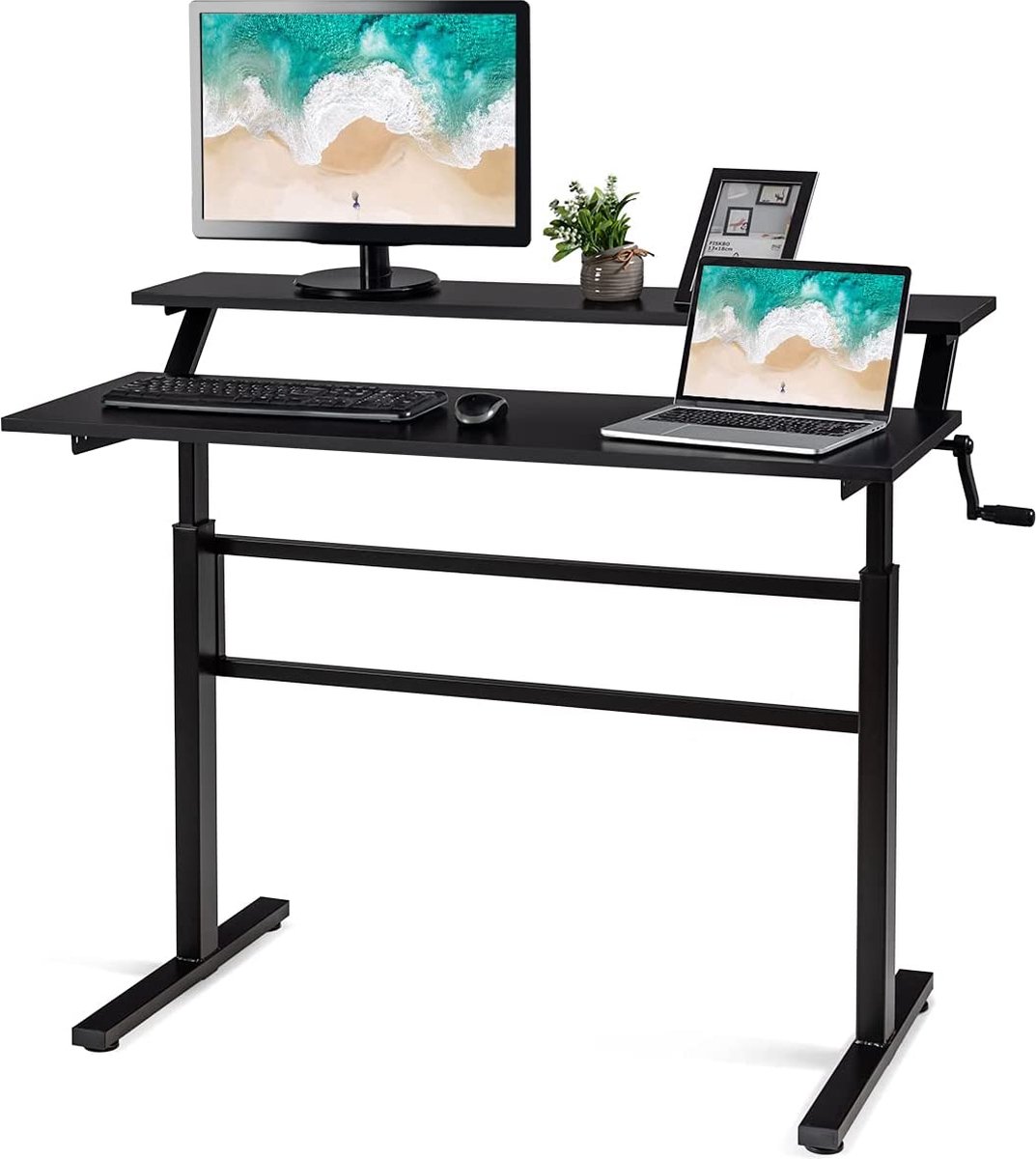 LUXGOODS 2-laags in hoogte verstelbaar bureau, zit-sta-werkstation met monitorplank, ergonomische computer tafel voor thuiskantoor (Zwart)