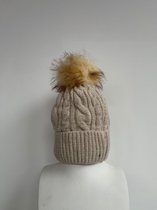 Gebreide Muts met Thermische Vulling - Beanie - Gestreepte Mutsen met pompon - Beige - Een Maat