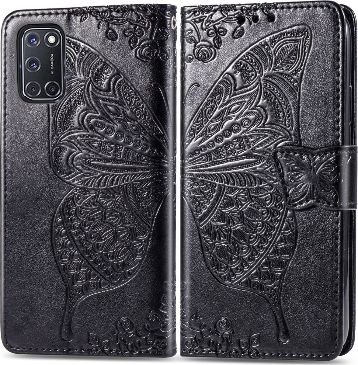 Mobigear Telefoonhoesje geschikt voor OPPO A52 Hoesje | Mobigear Butterfly Bookcase Portemonnee | Pasjeshouder voor 3 Pasjes | Telefoonhoesje voor Pinpas / OV Kaart / Rijbewijs - Zwart