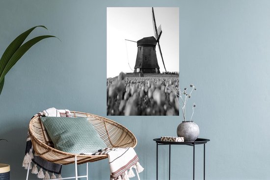 Stickers muraux - Film autocollant - Un moulin à vent avec des tulipes - noir et blanc - 40x60 cm - Film adhésif - Stickers muraux Chambre d'enfant - Papier peint autocollant