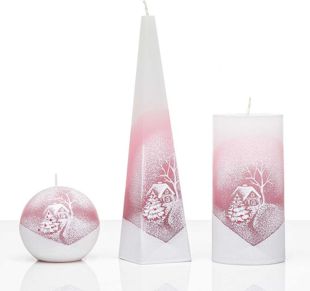 Jakelis Kaarsen - Set Handgeschilderd - Winter - Wit/Bordeaux - kerst - kaars - kerstverlichting