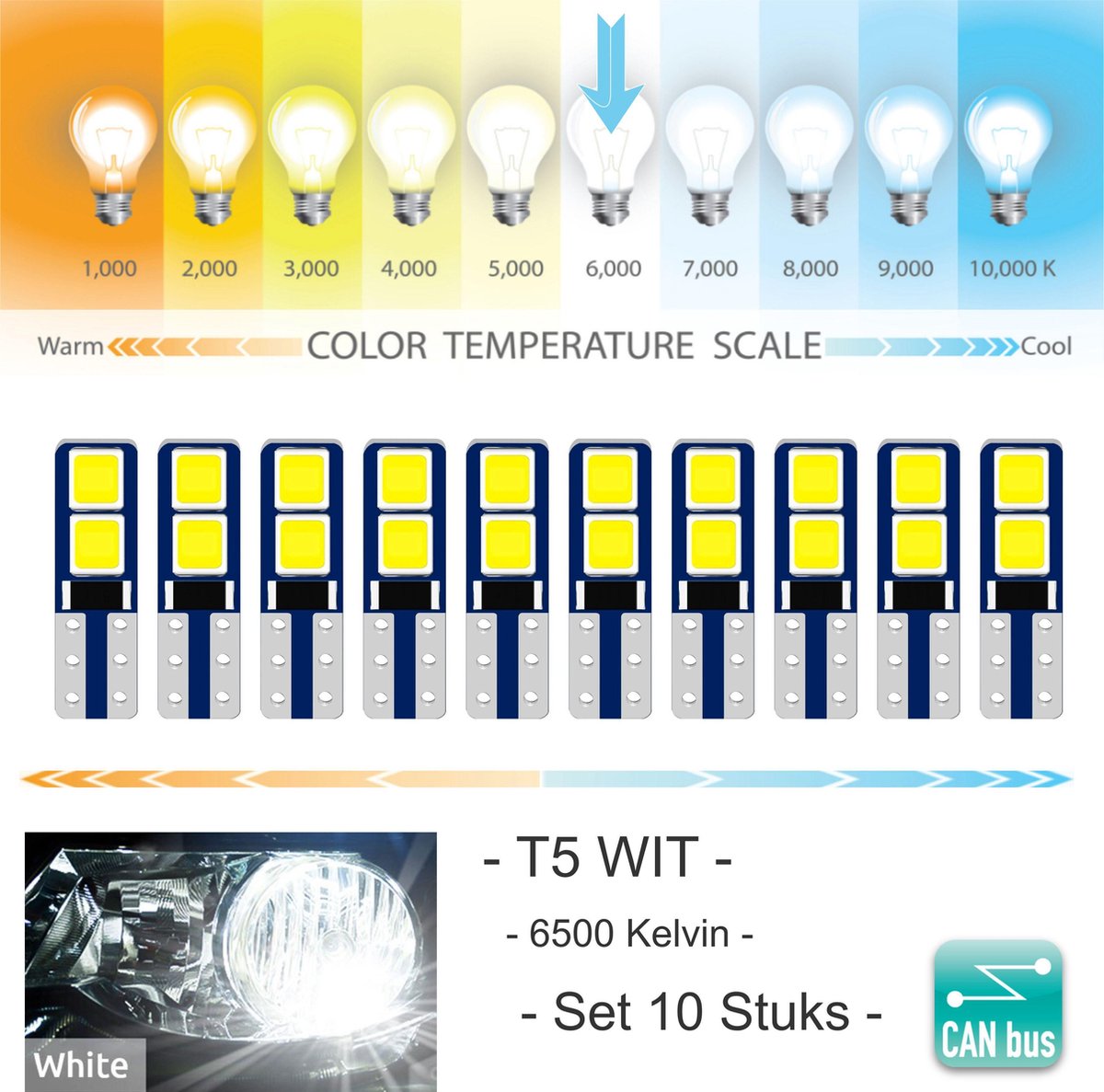 10st T5 LED-lampa W3W W1.2W Led Canbus bilinredningslampor Instrumentbräda  uppvärmningsindikator Kil Auto Instrument Lampa 12V