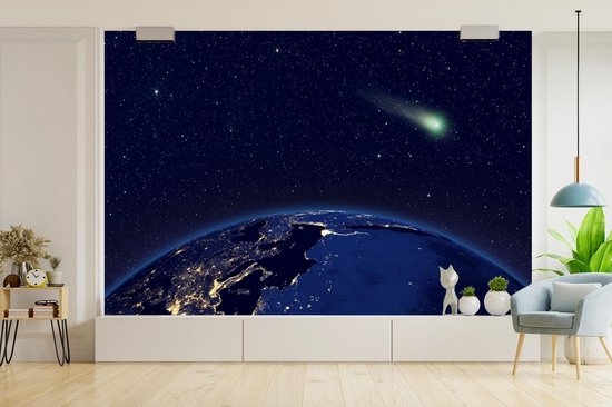 Papier peint photo peint photo vinyle - Comète au dessus d'une terre bleue largeur 330 cm x hauteur 220 cm - Tirage photo sur papier peint (disponible en 7 tailles)