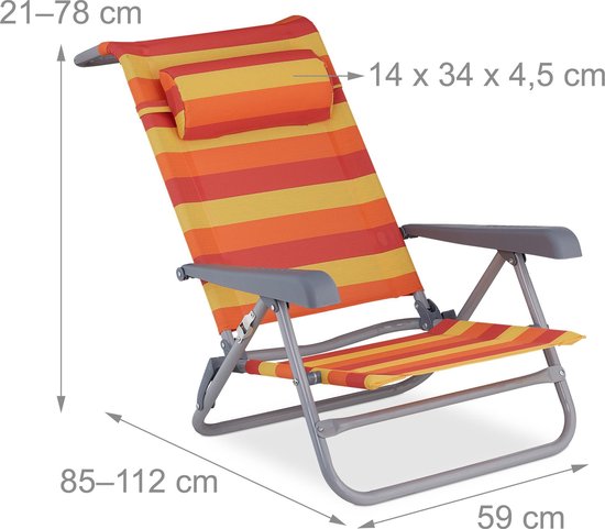 Relaxdays strandstoel opvouwbaar - verstelbaar - laag - met nekkussen - armleuningen - flesopener - geel-rood-oranje van Relaxdays — afbeelding 5