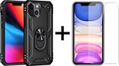 iPhone 13 Pro hoesje Kickstand Ring shock proof case zwart met zwarte randen armor magneet - 1x iPhone 13 Pro Screenprotector