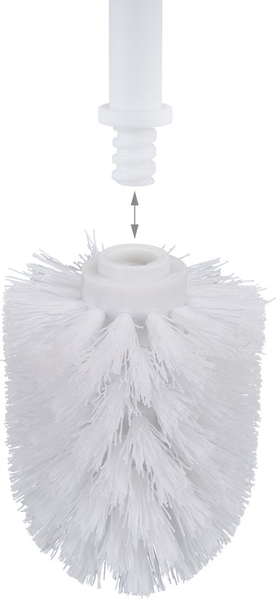 Witte toiletborstelkop met een schroefdraadaansluiting. De borstelharen zijn dicht en wit.