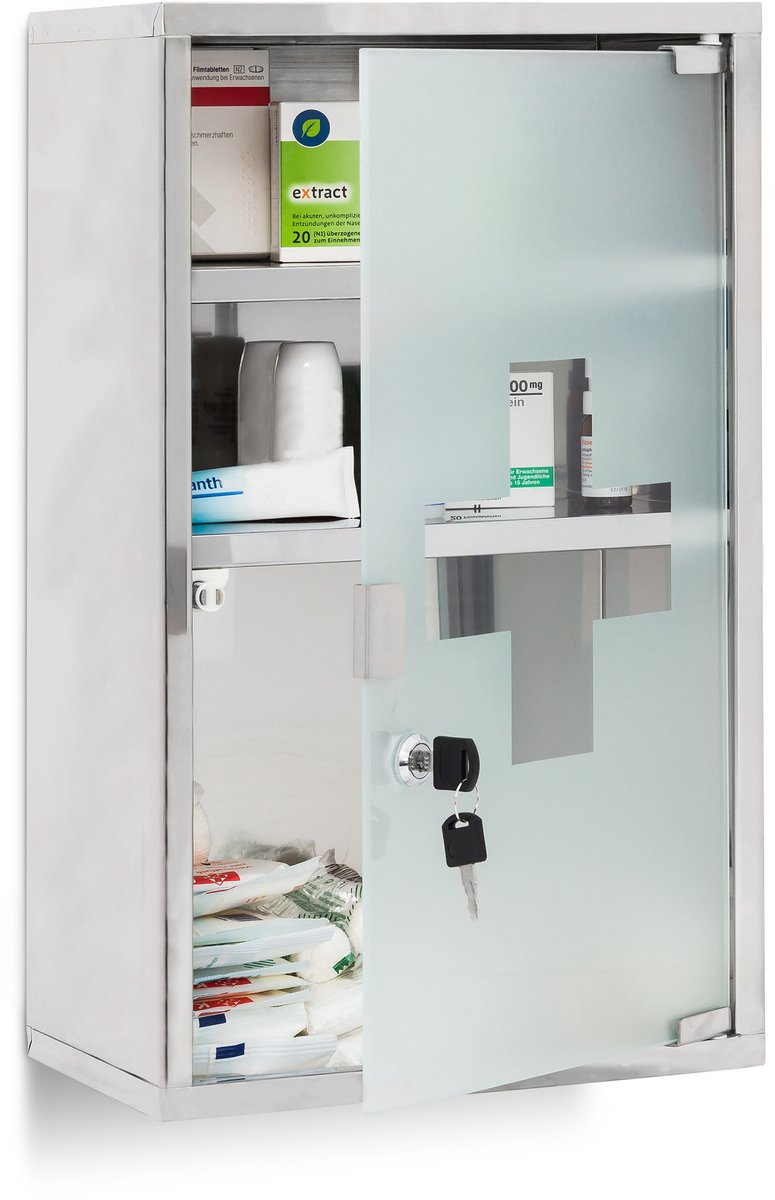 medicijnkast XL - extra diep - rvs - sleutels - 3 vakken - 50,5 x 30 x 18 cm
