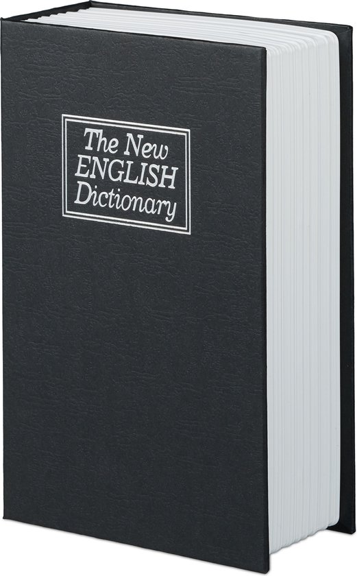 Gesloten zwarte boekkluis met opdruk 'The New English Dictionary'.