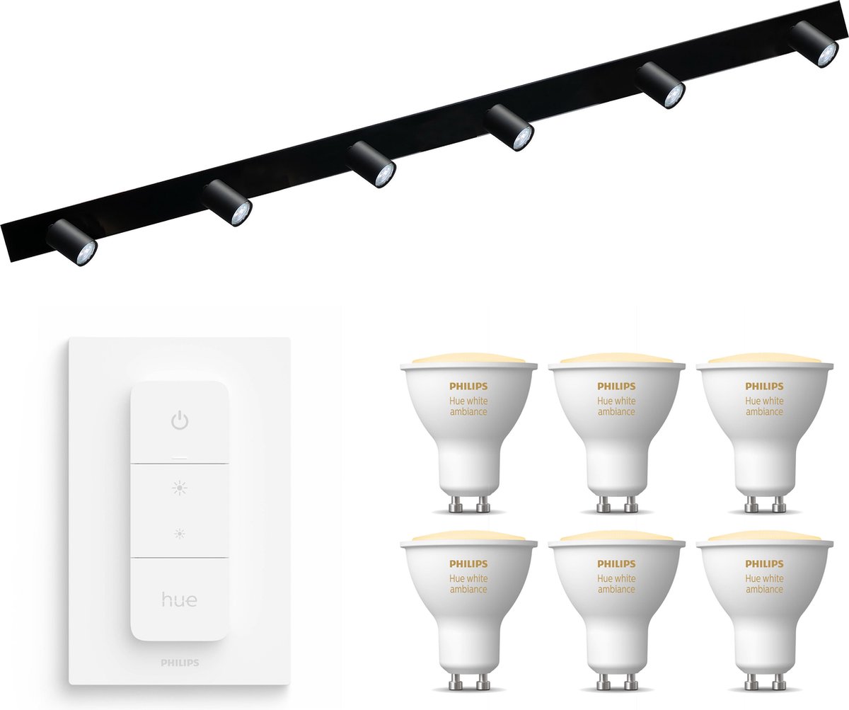 Masterlight Bounce Opbouwspot met Philips Hue White Ambiance GU10 & Dimmer Switch - Spotjes Opbouw - 6 Lichtpunten - Bluetooth - Zwart