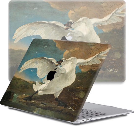 Housse d'ordinateur portable avec une peinture de cygne déployant ses ailes sur un nid.