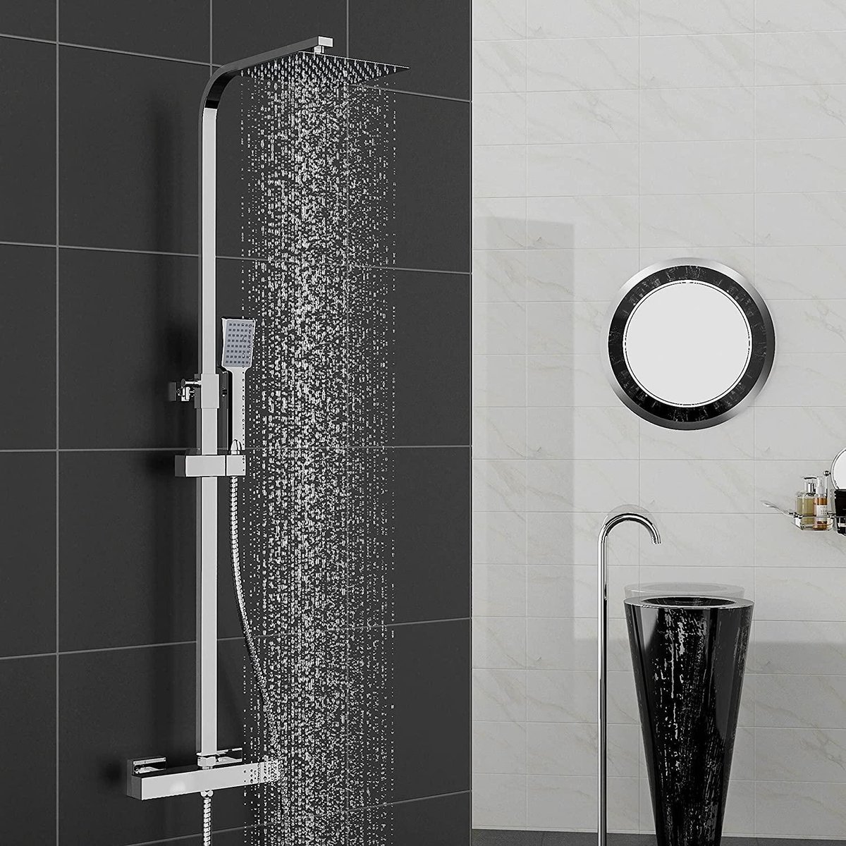 BELANIAN - Opbouw doucheset - Regen Doucheset - Thermostaatdouche uitgerust met een vierkante douchekop van 20 cm en een verstelbare handdouche, een douche-accessoireset en een brandveilig douchesysteem