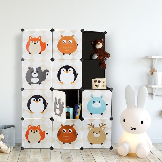 kinderkamer kast met diermotieven - kunststof - steeksysteem - deuren - kledingkast - roede - kleurrijk