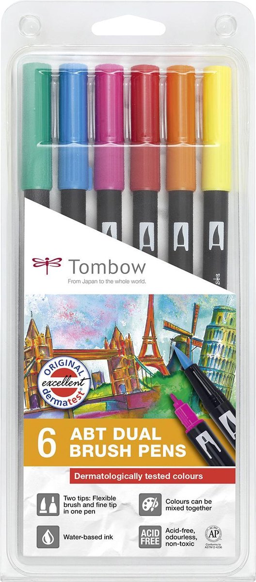 Tombow ABT Dual - Brush tekenpennen - Dermatologically - Set van 6