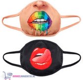 Mondmasker set van 2 (Regenboog Lippen + Rode Tong) (Ook leuk als verkleding) | Mondkapje Halloween Carnaval Verkleding | Stoffen mond-masker | Voor jong en oud face mask facial