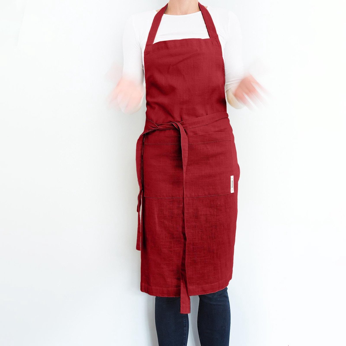 Duurzame lange linnen schort voor dames en heren/ one size effen rode keukenschort met twee zakken/ stevige schort met tailleband